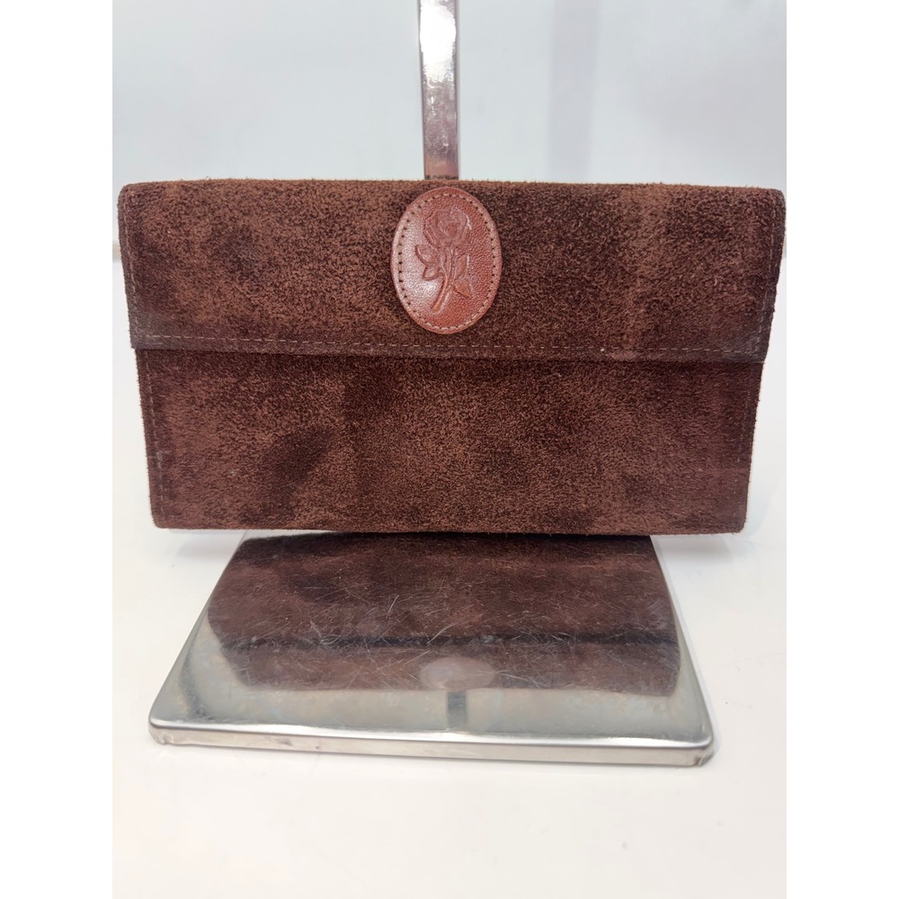 Rolfs Vintage Brown Suede Split Cowhide Long Flap Wallet with Rose Detail